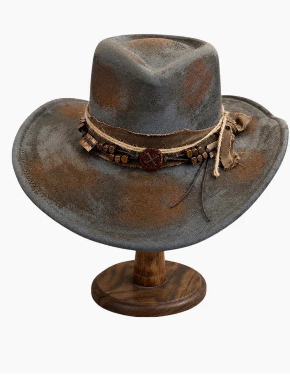 Distressed Leather Rancher Hat in Brown & Gray - Unbranded